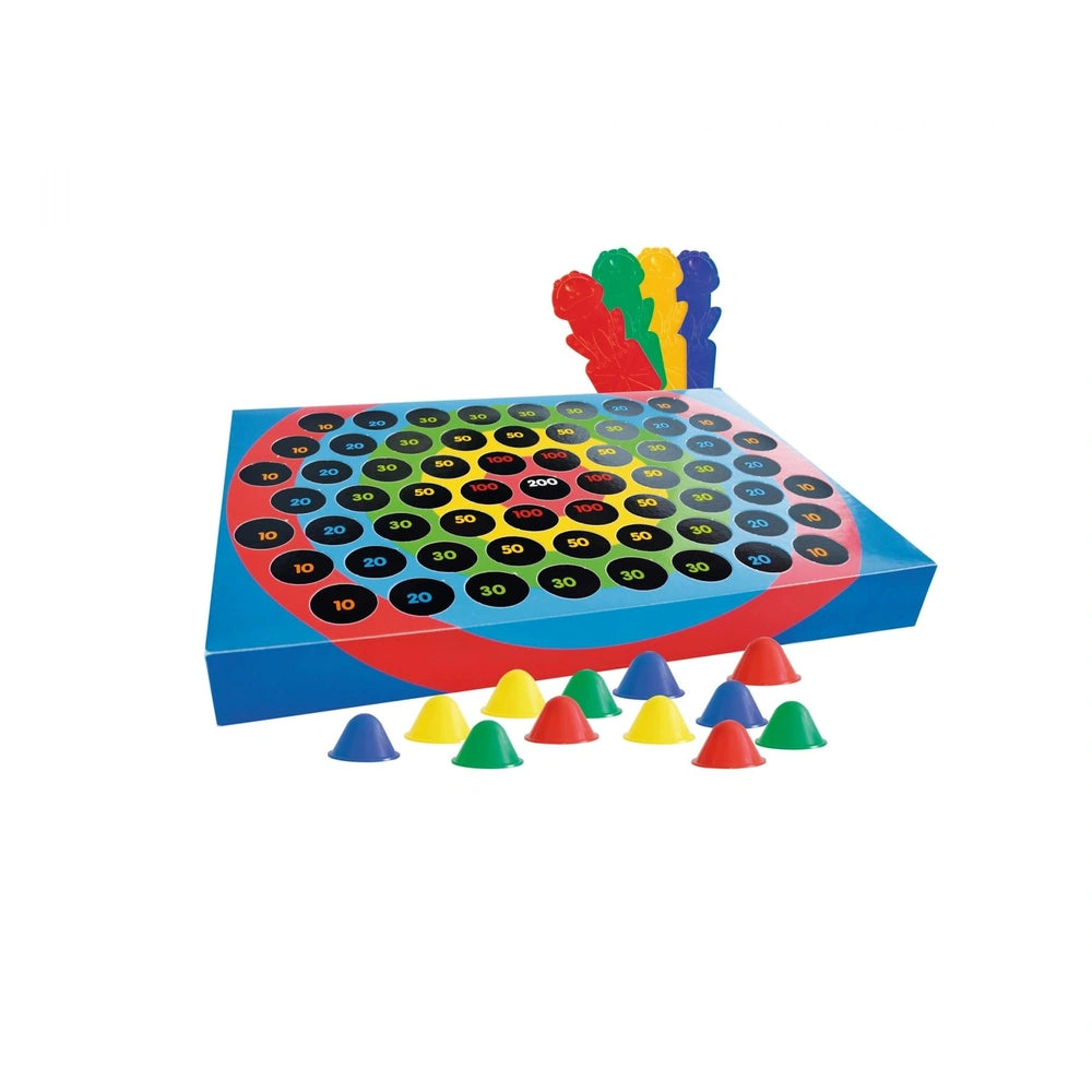 Noris Shell Game board with colorful sections, numbered from 10 to 100, and assorted game pieces in bright colors.