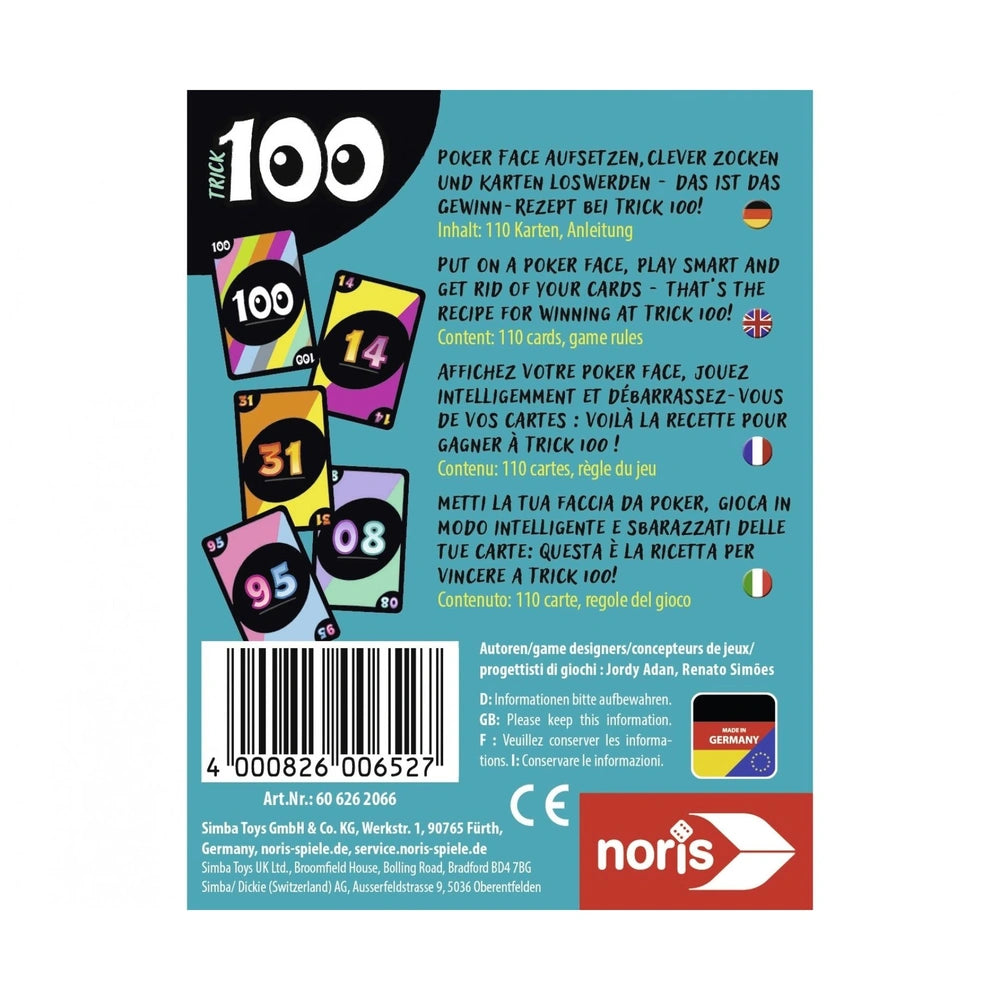 Noris Trick 100 card game packaging featuring playful illustrations, bold numbers, and German text on poker strategies.