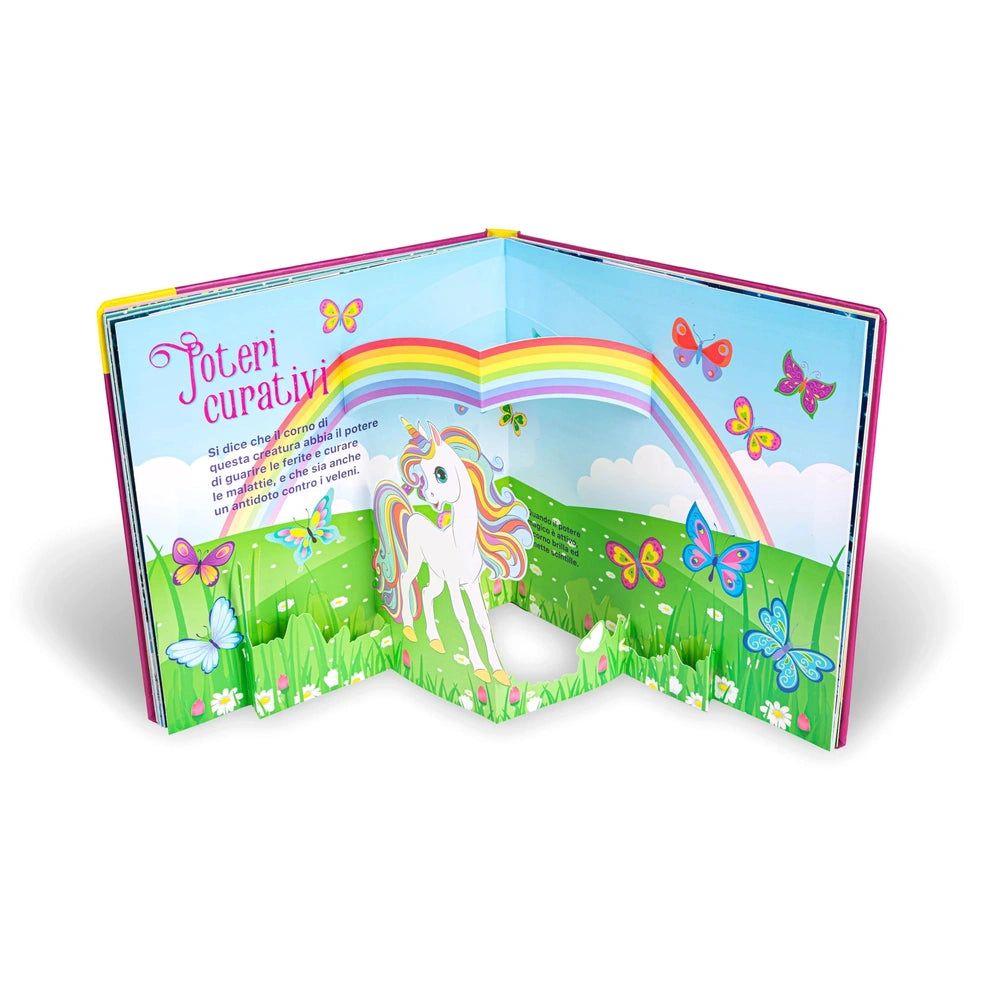 NUINUI Unicorni Super Pop-Up book packaging features a rainbow, unicorn, butterflies, and sun, with glossy plastic window.