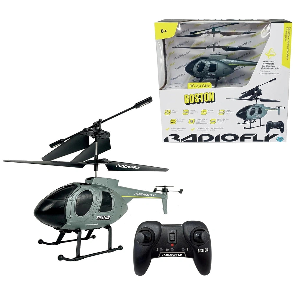 ODS Radiofly RC Helicopter Boston in matte cardboard packaging, featuring a gray helicopter with black accents and a black re