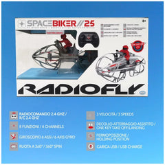 Radiofly Space Biker 25 drone packaging features glossy blue background, red and black toy image, and Italian text with icons