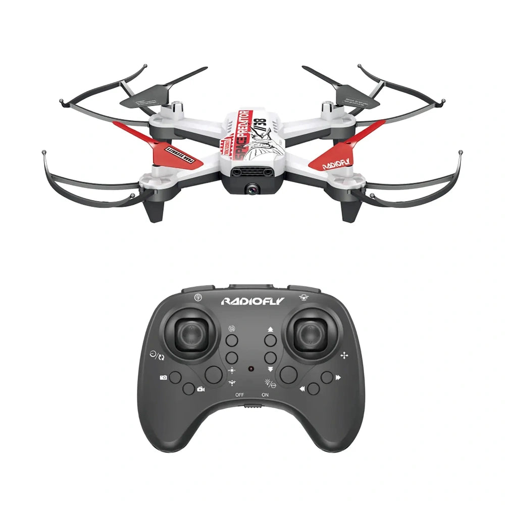 Ods Radiofly Space Predator 38 drone remote control with black matte body, white and red accents, featuring D-pad and buttons