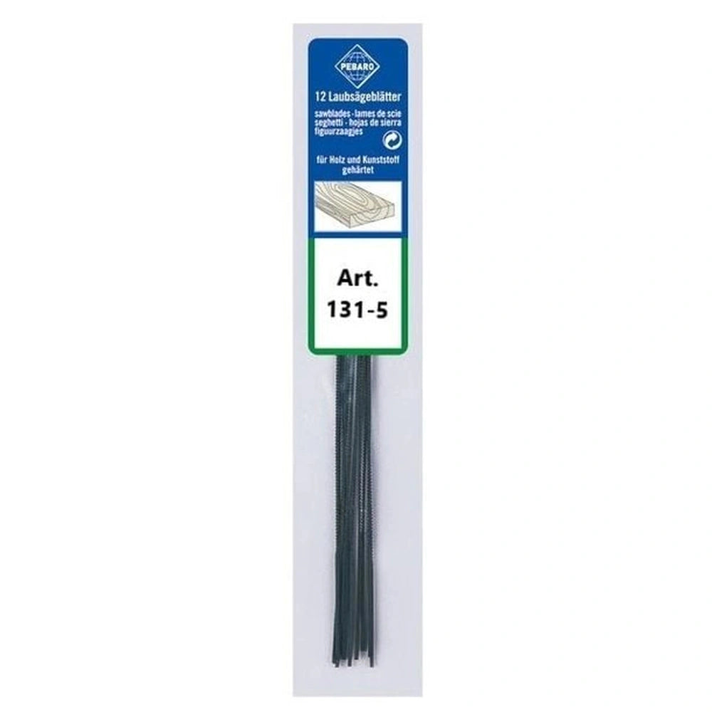 Pebaro Fretsaw Blades 131-5 for wood and plastic, packaged in a labeled envelope with 12 premium blades.