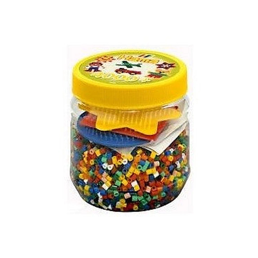 Pet Hama Iron-on Bead Set in a clear jar with a yellow lid, containing 4000 colorful, small beads.