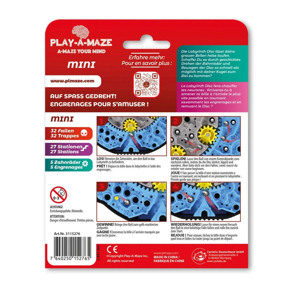 PLAY A MAZE Labyrinth Travel Disc Mini in glossy red packaging with white and black text, featuring a QR code and mechanical 