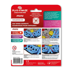 PLAY A MAZE Labyrinth Travel Disc Mini in glossy red packaging with white and black text, featuring a QR code and mechanical 