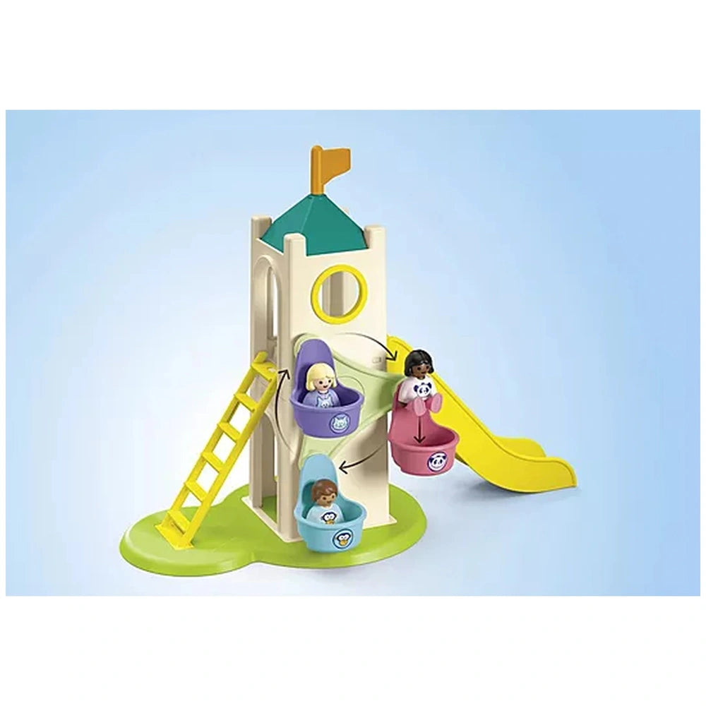 Playmobil Adventure Tower features a multi-colored slide, yellow ladder, and green base, ideal for imaginative play.