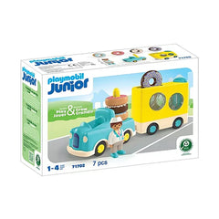 Playmobil Crazy-Donut-Truck toy playset in blue and yellow packaging with printed text in blue and green on a white backgroun