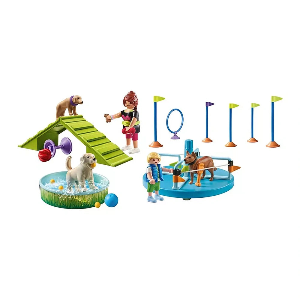 PLAYMOBIL Dog Park toy playset features a brown dog, green ramp, blue pool, and colorful accessories in a vibrant layout.