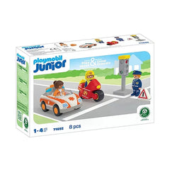 Playmobil Everyday Heroes toy playsets in colorful packaging featuring an orange and white car and a red and yellow motorcycl