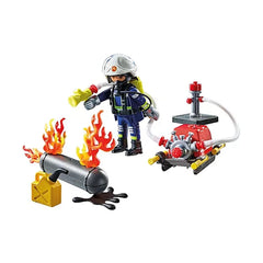 Firefighter toy with water pump, featuring a red fire truck, fire hydrant, and vibrant yellow-orange flames.