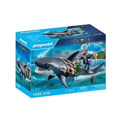 Playmobil Giant Shark with Pirate toy playset featuring a gray shark and a pirate in blue attire against a blue background.