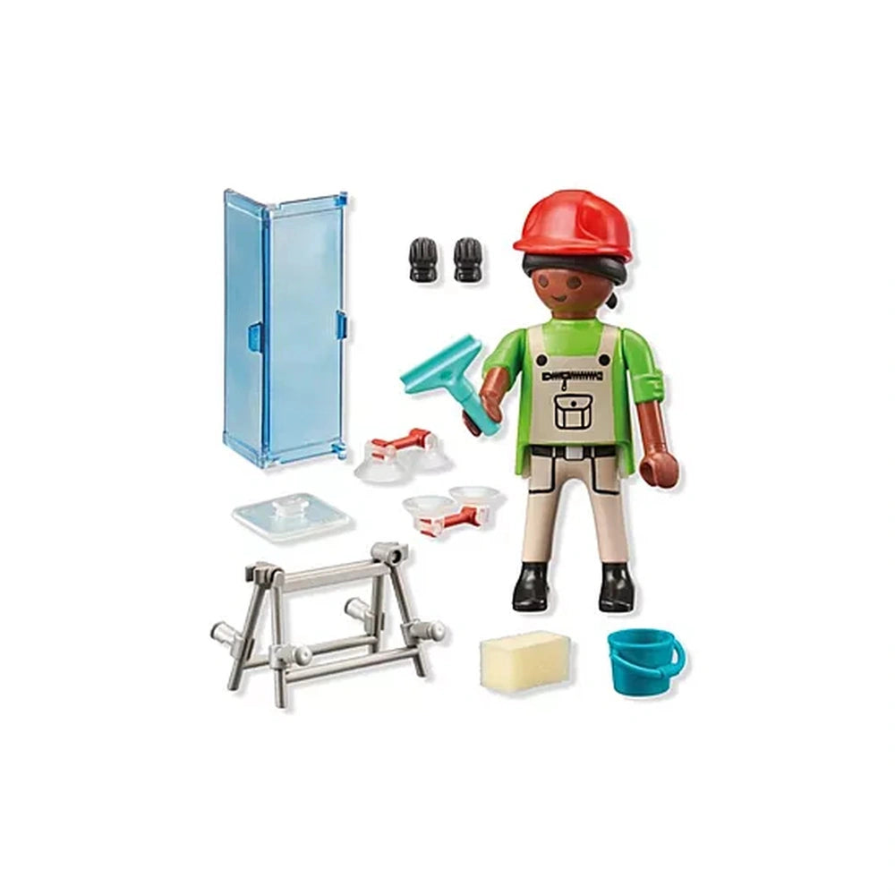 PLAYMOBIL Glazier toy playset features a plastic figure in a red hat, green shirt, tan pants, and includes a wooden base with
