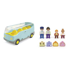Playmobil Junior Airport Shuttle Bus toy features a yellow roof, clear window, and black wheels in a front view layout.