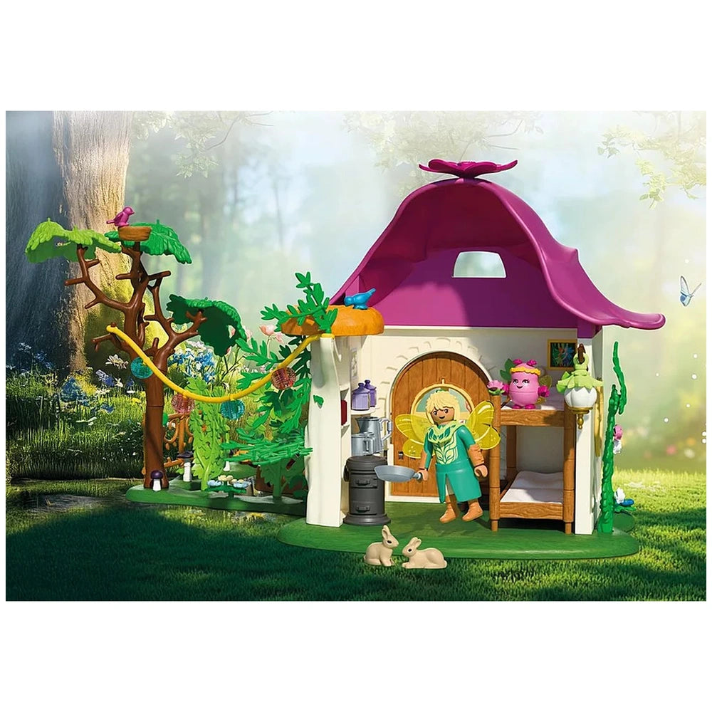 Playmobil Magic Unicorns Cozy Fairy Home features a purple roof, white walls, and wooden door and window in retail packaging.