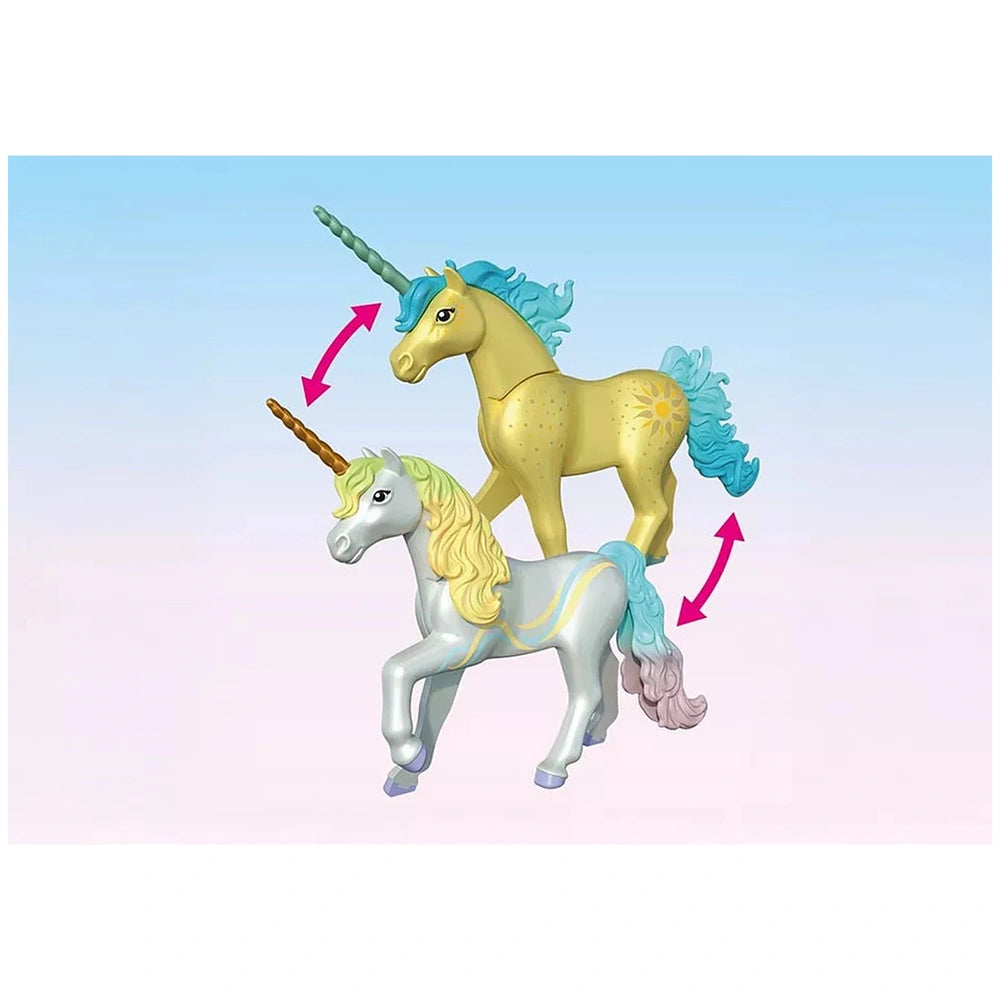 Playmobil Magic Unicorns toy playset features a shiny unicorn with a blue mane and tail, perched on a gray horse.