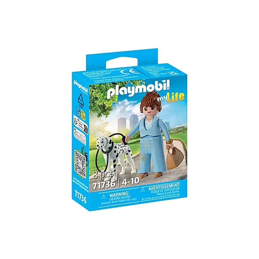 Playmobil My-Life-Manager toy playset packaging features a girl with a dog, 8 pieces, and age recommendations on a blue backg
