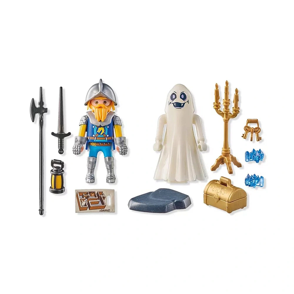 Playmobil Novelmore Starter Pack features a ghost and knight toy figure with accessories including a sword, balloon, cape, ar