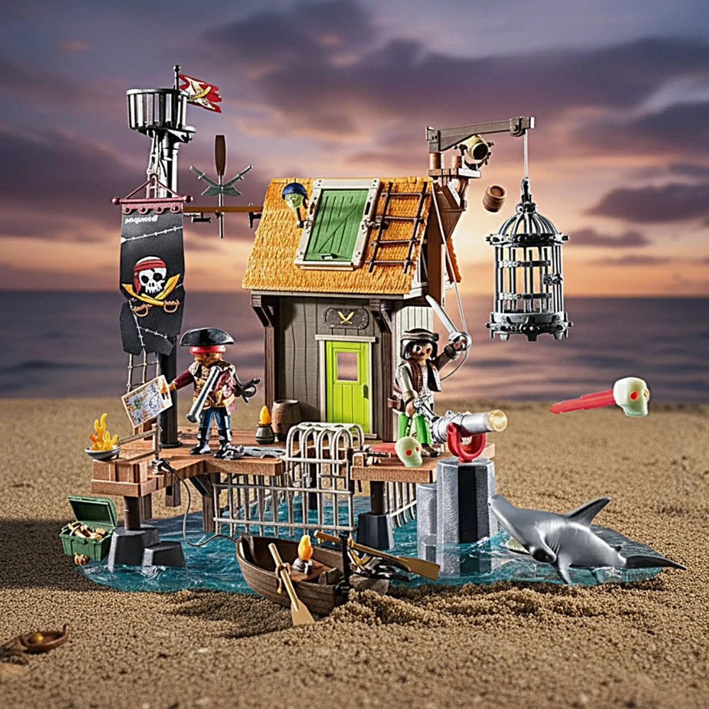 Playmobil Pirate-Harbor playset features a wooden deck, metal boat, cannon, and multiple lanterns in a lively scene.