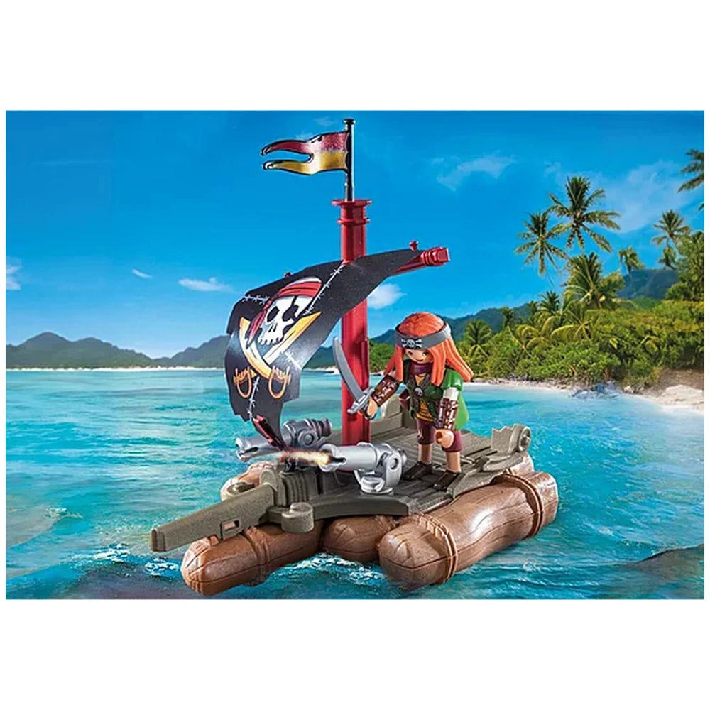 Playmobil Pirate Raft toy playset features a brown and black boat with a black and white sail, set against vibrant blue water