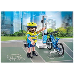 Playmobil Police-Bike-Patrol toy set features a blue police officer with a yellow helmet and blue bicycle against a cityscape