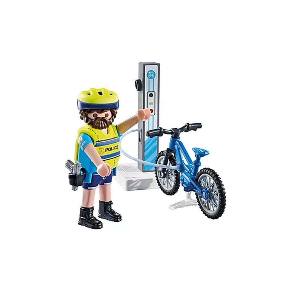 Playmobil Police-Bike-Patrol toy set features a figure in a yellow vest, blue shorts, and a metallic bike with a pump and hos