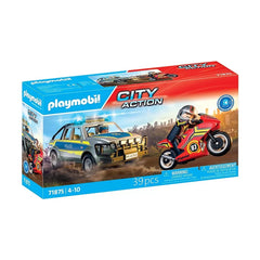Playmobil Police Chase toy playset featuring a yellow and blue pick-up truck, red motorcycle, and blue police car in glossy p