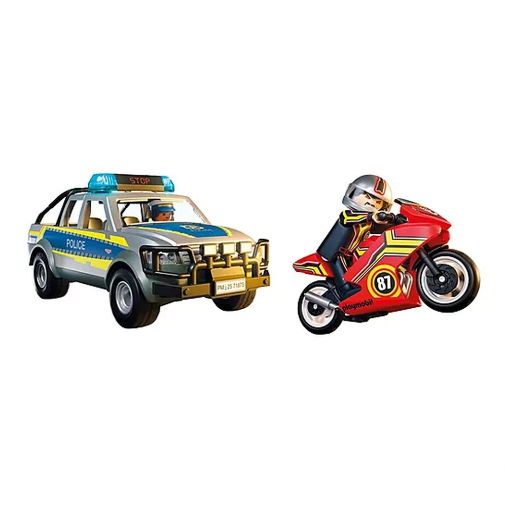 Playmobil Police Chase set featuring a blue and yellow pick-up truck and a glossy red and yellow motorcycle.
