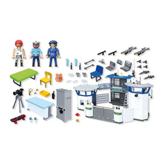 Playmobil Police Command Center playset featuring a toy police officer, car, station, and various police accessories.