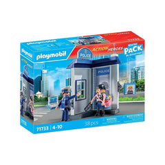Playmobil Police Interrogation Room toy playset packaging features a blue cityscape, printed text, and clear plastic window.