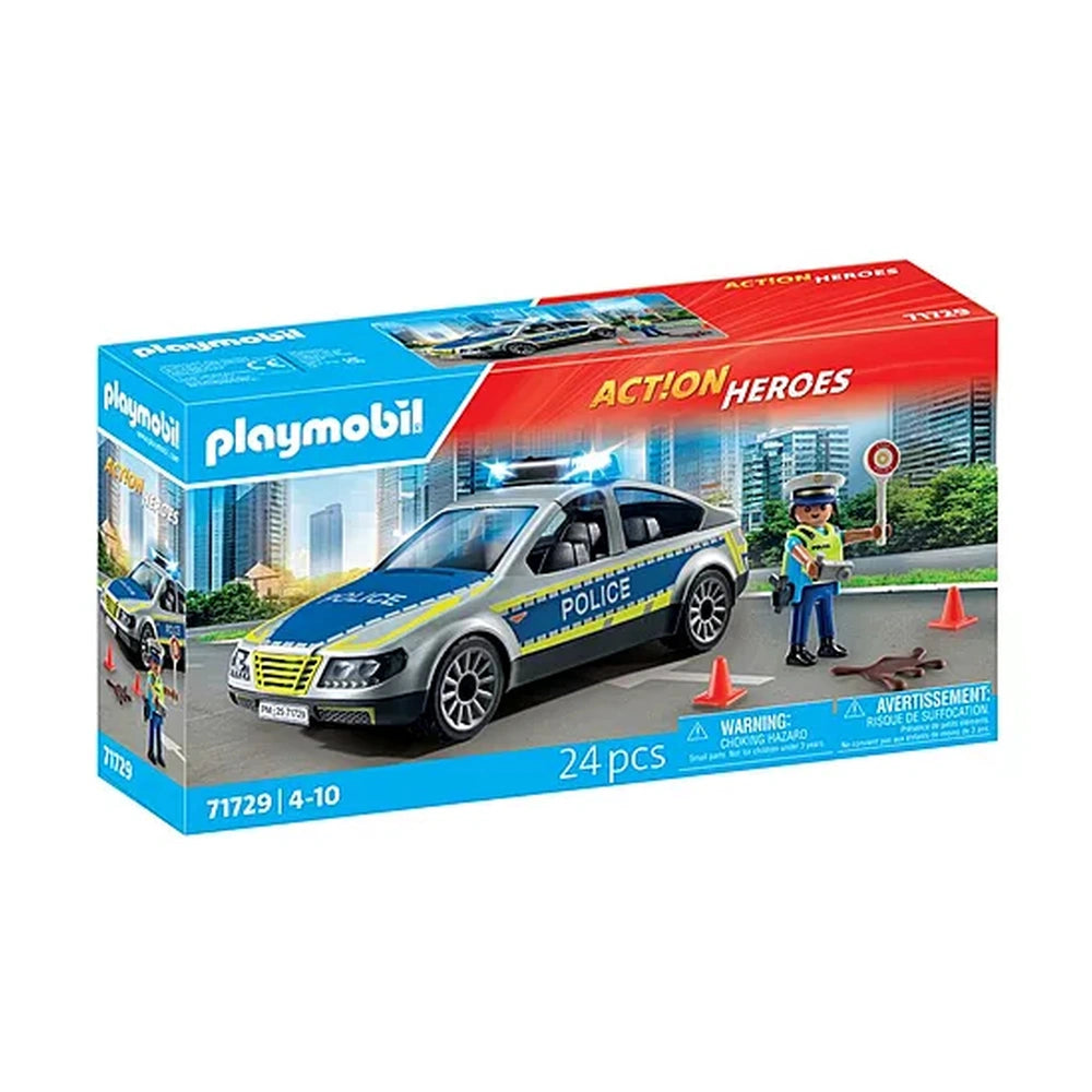 Playmobil Police Patrol Car toy playset in red cardboard packaging with blue and yellow police car and white/yellow text.