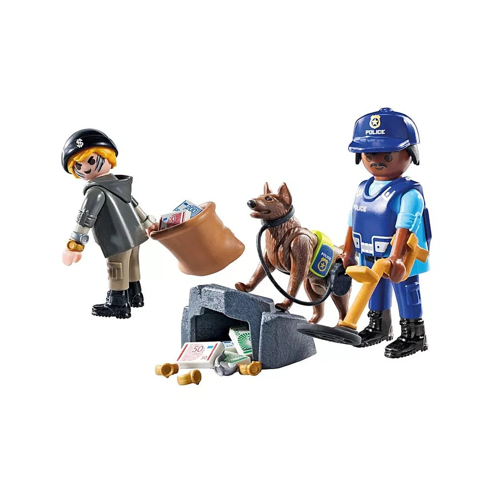 Playmobil police playset featuring a brown basket, gray dog house, yellow shovel, blue uniform, and black boots.