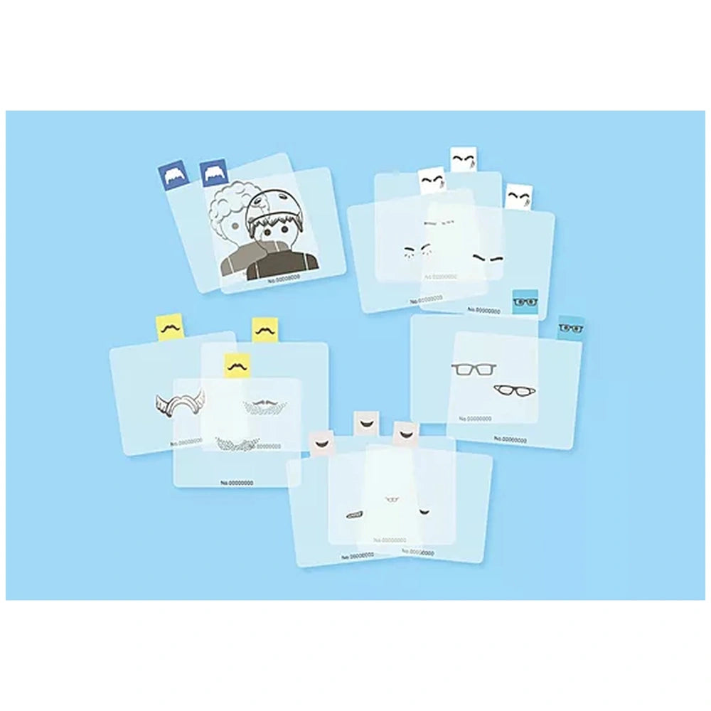 Playmobil Police Station toy playset features glossy cards with colorful designs and symbols scattered against a light blue b