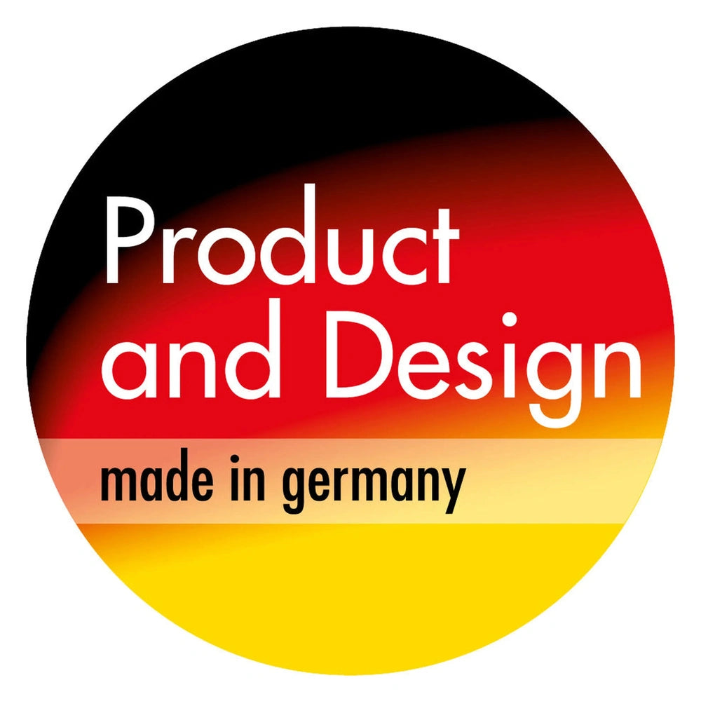 Circular badge with the text "Product and Design" in white and "made in germany" in black, over a red, black, and yellow gradient.