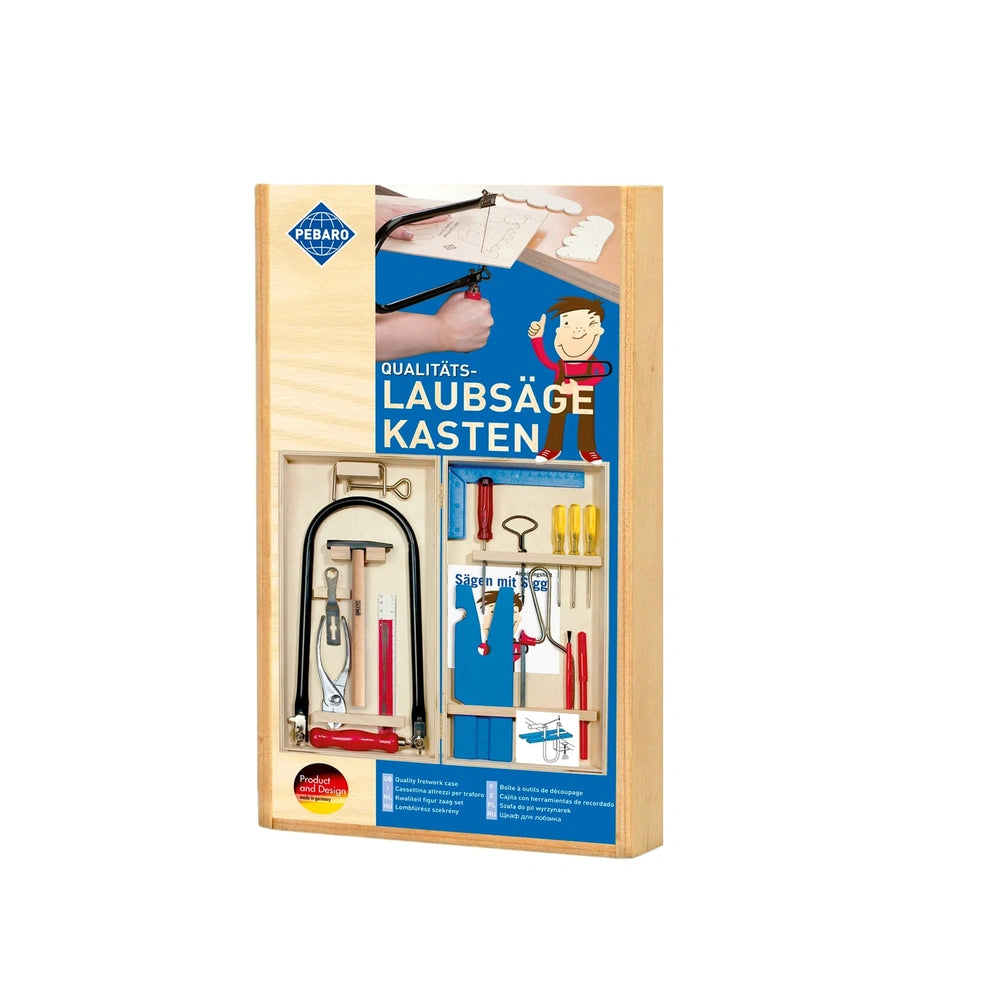 Wooden fretwork kit box with tools neatly organized inside, featuring saw frame, small files, and colorful handles on display.