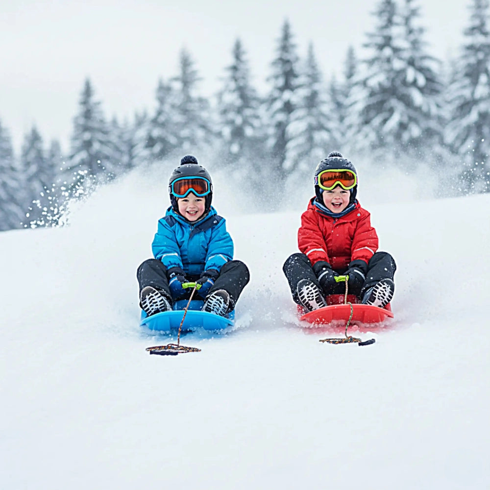 PROSPERPLAST Race S Sledge in red, with two children wearing snowboarding gear, sitting on colorful snowboards in snow.