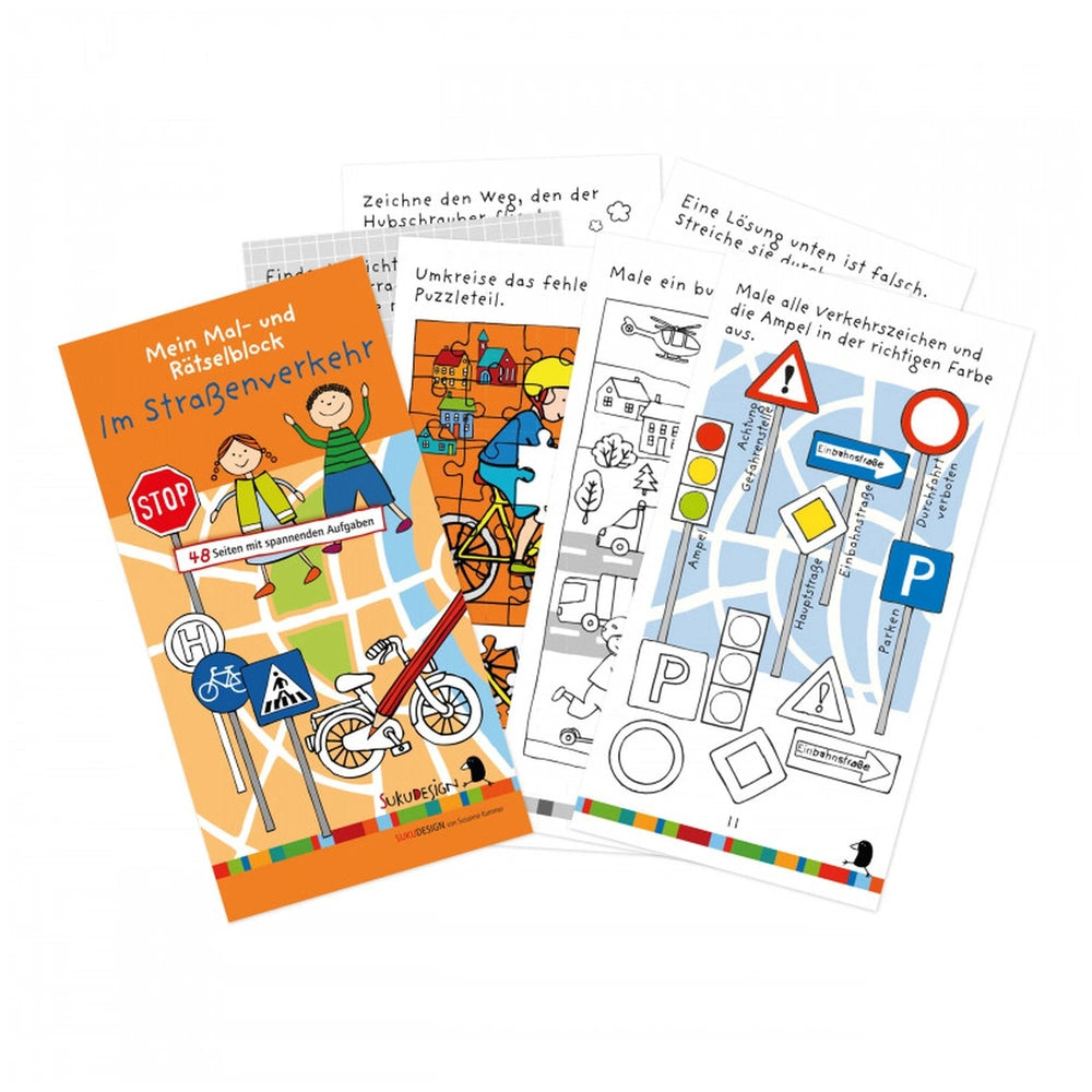 Puzzle block Suku features colorful graphics of children, street signs, and educational text on a glossy textured paper surfa