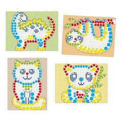 Quercetti FantaColor Tab features four symmetrical designs of stylized animals in blue, yellow, and red dots and lines on mat