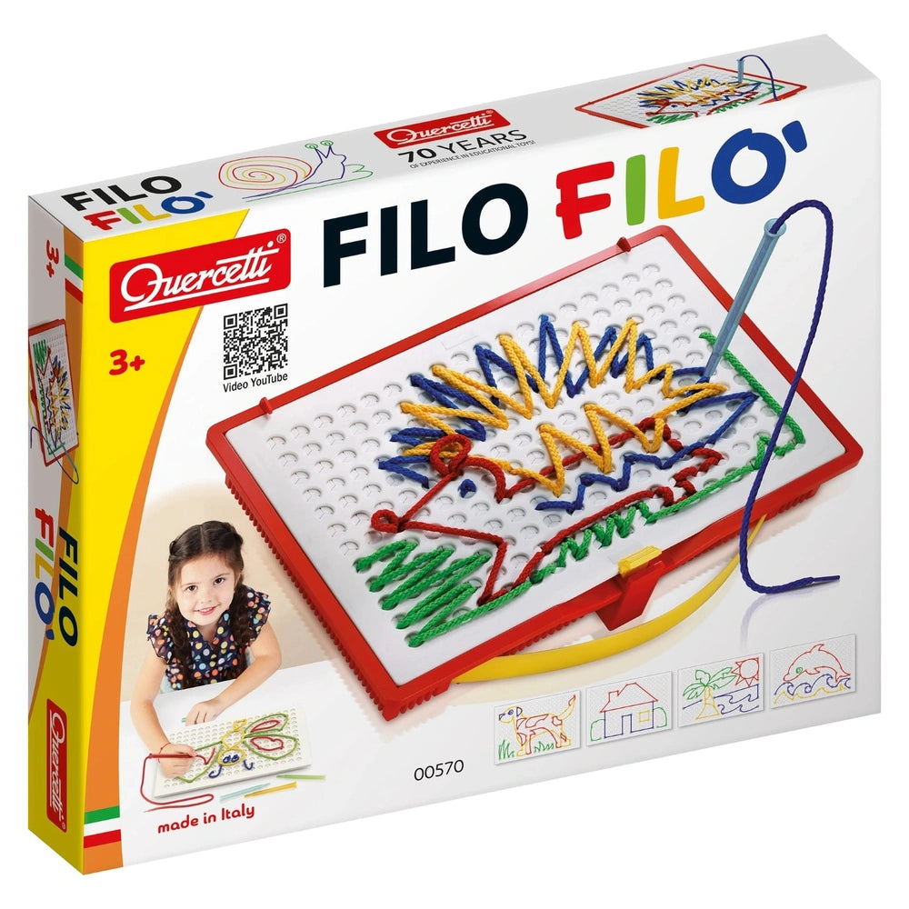 Quercetti Filo Filo arts and crafts packaging features a glossy cardboard design with colorful printed text and a clear plast