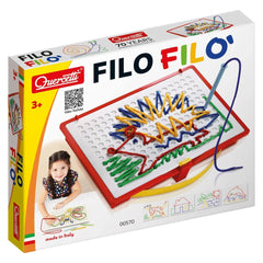 Quercetti Filo Filo arts and crafts packaging features a glossy cardboard design with colorful printed text and a clear plast