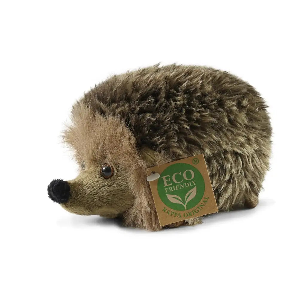 Eco-friendly plush hedgehog toy in brown and beige, featuring a prominent snout, large eyes, and a green leaf label.