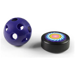 RAPPA hockey sticks set includes a blue spherical ball with holes and a colorful circular puck with a raised border.