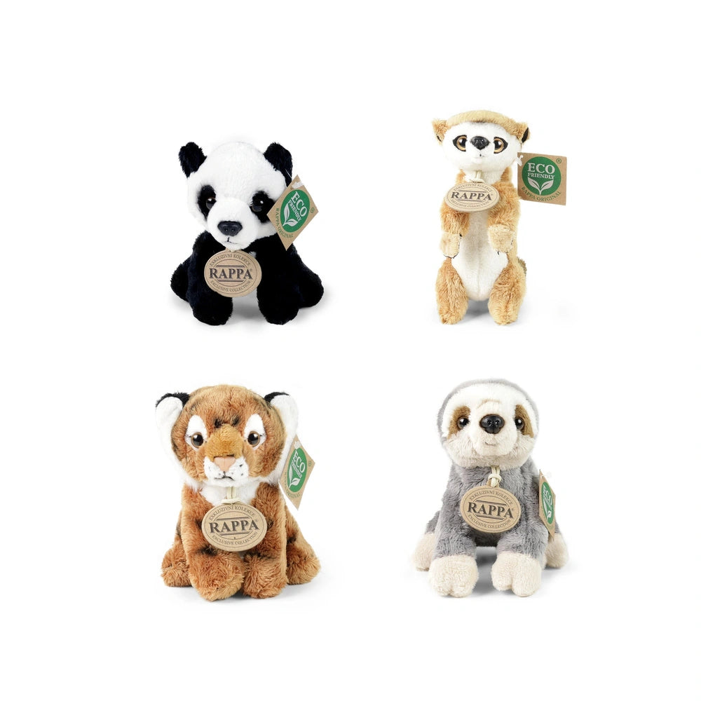 Rappa plush animals assortment features four eco-friendly stuffed toys with various colors and patterns, each tagged with a g