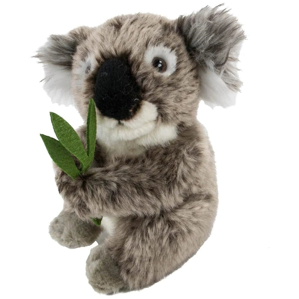 Plush koala bear holding a green leaf, featuring soft grayish-brown fur and white markings, centered in the image.