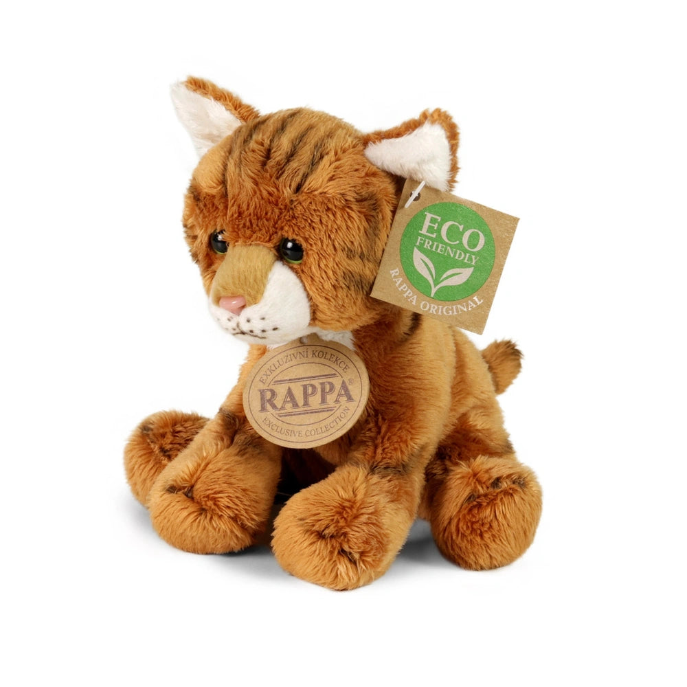 Plush cat toy in light brown with darker stripes, featuring a tag that reads "ECO FRIENDLY RAPPA ORIGINAL."