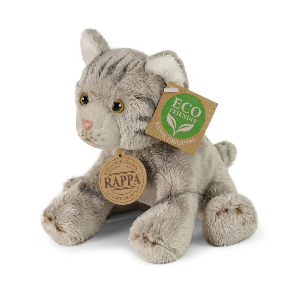 Plush tiger stuffed animal with gray and white fur, featuring an eco-friendly tag on its ear, sitting against a white backgro