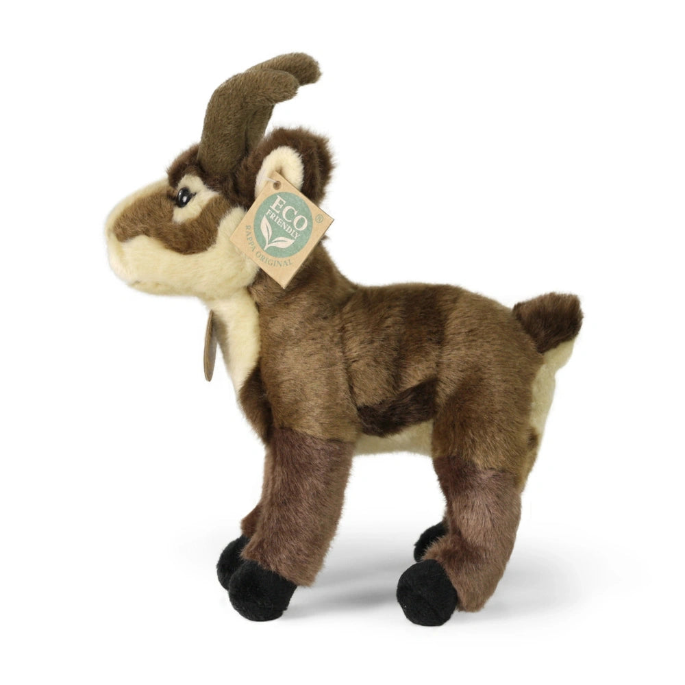 Plush chamois stuffed animal in brown and light brown, featuring a tag that reads "ECO FRIENDLY ORIGINAL."