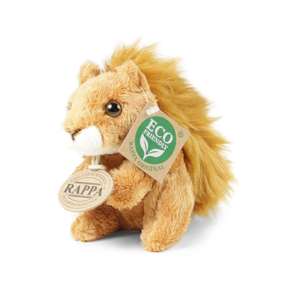 Plush squirrel toy in brown with a lighter underside, featuring an eco-friendly tag with a green leaf logo.