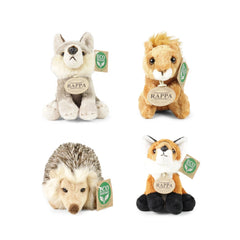 Rappa plush forest animals assortment in soft colors, featuring eco-friendly tags with a green leaf symbol, arranged in a gri
