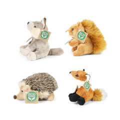 Plush forest animals assortment featuring a hedgehog, squirrel, fox, and badger, all marked as eco-friendly originals.